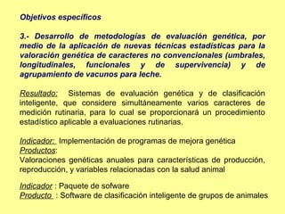 Objetivos específicos

3.- Desarrollo de metodologías de evaluación genética, por
medio de la aplicación de nuevas técnicas estadísticas para la
valoración genética de caracteres no convencionales (umbrales,
longitudinales, funcionales y de supervivencia) y de
agrupamiento de vacunos para leche.

Resultado: Sistemas de evaluación genética y de clasificación
inteligente, que considere simultáneamente varios caracteres de
medición rutinaria, para lo cual se proporcionará un procedimiento
estadístico aplicable a evaluaciones rutinarias.

Indicador: Implementación de programas de mejora genética
Productos:
Valoraciones genéticas anuales para características de producción,
reproducción, y variables relacionadas con la salud animal

Indicador : Paquete de sofware
Producto : Software de clasificación inteligente de grupos de animales
 
