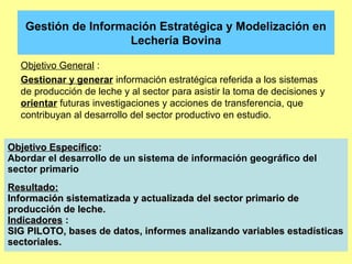 Gestión de Información Estratégica y Modelización en
                     Lechería Bovina

  Objetivo General :
  Gestionar y generar información estratégica referida a los sistemas
  de producción de leche y al sector para asistir la toma de decisiones y
  orientar futuras investigaciones y acciones de transferencia, que
  contribuyan al desarrollo del sector productivo en estudio.


Objetivo Específico:
Abordar el desarrollo de un sistema de información geográfico del
sector primario
Resultado:
Información sistematizada y actualizada del sector primario de
producción de leche.
Indicadores :
SIG PILOTO, bases de datos, informes analizando variables estadísticas
sectoriales.
 