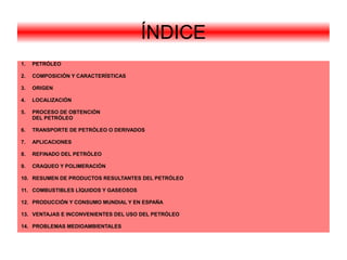 ÍNDICE
1.   PETRÓLEO

2.   COMPOSICIÓN Y CARACTERÍSTICAS

3.   ORIGEN

4.   LOCALIZACIÓN

5.   PROCESO DE OBTENCIÓN
     DEL PETRÓLEO

6.   TRANSPORTE DE PETRÓLEO O DERIVADOS

7.   APLICACIONES

8.   REFINADO DEL PETRÓLEO

9.   CRAQUEO Y POLIMERACIÓN

10. RESUMEN DE PRODUCTOS RESULTANTES DEL PETRÓLEO

11. COMBUSTIBLES LÍQUIDOS Y GASEOSOS

12. PRODUCCIÓN Y CONSUMO MUNDIAL Y EN ESPAÑA

13. VENTAJAS E INCONVENIENTES DEL USO DEL PETRÓLEO

14. PROBLEMAS MEDIOAMBIENTALES
 