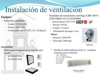 Instalación de ventilación
Equipos:
Selección ventilador
• Caudal: 139,54 m3/h
• Presión: 954,42 Pa
• Condiciones aire: Tª: 20ºC, R=1,20 Kg/m3
Filtros gama Finepanels de la casa Salvador
Escoda.
• KF-02-807 (F6)
• KF-02-843 (F8)
Accesorios:
• Rejillas de doble deflexión SAX 21 conductos
circulares para la difusión.
•Ak = 0,037(m)
•L x A = 600x150(mm)
•X=19,3(m)
•P=39 (Pa)
•Q=1500
Ventilador de transmisión centrífuga CBB-100 N
(230V50HZ) VE (5122209900)
Salida programa EASYVENT
• Presión: 955 Pa
• Caudal: 173 m3/h
• Velocidad de descarga: 5 m/s
Motor:
• Potencia: 0,894 KW
• Velocidad :2800 rpm
CBB-100 N
 