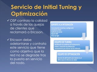  OSP controla la calidad
a través de las quejas
de clientes que
reclamará a Ericsson.
 Ericsson debe
adelantarse y contrata
este servicio que tiene
como objetivo que la
red no se degrade tras
la puesta en servicio
del nodo.
 