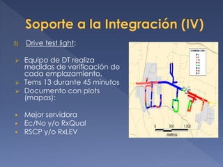 5) Drive test light:
 Equipo de DT realiza
medidas de verificación de
cada emplazamiento.
 Tems 13 durante 45 minutos
 Documento con plots
(mapas):
 Mejor servidora
 Ec/No y/o RxQual
 RSCP y/o RxLEV
 