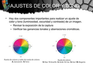 AJUSTES DE COLOR Y TONO
• Hay dos componentes importantes para realizar un ajuste de
color y tono (luminosidad, oscuridad y contraste) de un imagen.
– Revisar la exposición de la captura
– Verificar las ganancias tonales y aberraciones cromáticas.
 