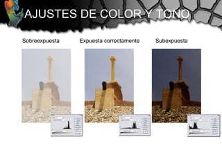 AJUSTES DE COLOR Y TONO
Sobreexpuesta Expuesta correctamente Subexpuesta
 