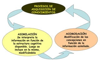 ACOMODACIÓN Modificación de las concepciones en función de la información asimilada. ASIMILACIÓN Se interpreta la información en función de la estructura cognitiva disponible. Luego se incluye en la misma, modificándola PROCESOS DE ADQUISICIÓN DE CONOCIMIENTOS 
