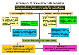 APORTACIONES DE LA PSICOLOGÍA EVOLUTIVA Teoría sobre la estructura del conocimiento y el desarrollo cognitivo. ¡No es una teoría sobre la estructura de la mente y el desarrollo infantil! Procesos de adquisición de conocimientos Cada estadio tiene una estructura cognitiva caraterística ASIMILACIÓN Se interpreta la información en función de la estructura cognitiva disponible. Luego se incluye en la misma, modificándola  La calidad de ese pensamiento, o modo de ordenar los datos aportados por los sentidos es diferente en los diferentes estadios El mismo estímulo, no supone la misma acción para un individuo de 4, de 8 ou de 12 anos, ... ACOMODACIÓN Modificación de las concepciones en función de la información asimilada. La forma de pensar y de conocer de un niño, se desarrolla a través de distintas etapas o estadios durante su crecimiento Cuanto más elaborado y estructurado esté el conocimiento del individuo, más rica y precisa será la “lectura” que haga de la realidad Lo que el indivíduo “lee” de la realidad, depende de la estructura de conocimiento en el que el estímulo se asimila Influencia de la estructura cognitiva Estructura cognitiva evolutiva 