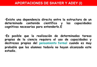 Existe una dependencia directa entre la estructura de un determinado contenido científico y las capacidades cognitivas necesarias para entenderlo.E Es posible que la realización de determinadas tareas propias de la ciencia requiera el uso de capacidades y destrezas propias del  pensamiento formal  cuando es muy probable que los alumnos todavía no hayan alcanzado este estadio. APORTACIONES DE SHAYER Y ADEY (I) 