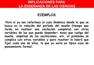 EJEMPLOS Pero si ya nos referimos al caso dinámico donde lo que se busca es la relación del período del muelle (tiempo que tarda en realizar una oscilación completa) con otras variables de las que pueda depender: masa que cuelga del muelle, amplitud de las oscilaciones, etc. el problema se complica con otras variables y para resolver lo habrá que fijar cada una de ellas, lo que ya sería un típico caso de pensamiento formal.  IMPLICACIONES PARA  LA ENSEÑANZA DE LAS CIENCIAS 