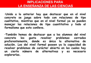 Unido a lo anterior hay que destacar que en el nivel concreto se juega sobre todo con relaciones de tipo cualitativo, mientras que en el nivel formal ya se pueden manejar las relaciones de tipo cuantitativo y todo el formalismo que esto conlleva. También hemos de destacar que a los alumnos del nivel concreto les gusta resolver problemas cerrados preferentemente, donde es única la alternativa de solución. Los del nivel formal poseen ya la capacidad de resolver problemas de carácter abierto en los cuales hay un cierto número de alternativas y es necesario explorarlas.  IMPLICACIONES PARA  LA ENSEÑANZA DE LAS CIENCIAS 