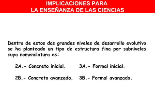 Dentro de estos dos grandes niveles de desarrollo evolutivo se ha planteado un tipo de estructura fina por subniveles cuya nomenclatura es: 2A.- Concreto inicial. 3A.- Formal inicial. 2B.- Concreto avanzado. 3B.- Formal avanzado. IMPLICACIONES PARA  LA ENSEÑANZA DE LAS CIENCIAS 