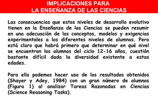 Las consecuencias que estos niveles de desarrollo evolutivo tienen en la Enseñanza de las Ciencias se pueden resumir en una adecuación de los conceptos, modelos y exigencias experimentales a los diferentes niveles de alumnos. Pero está claro que habrá primero que determinar en qué nivel se encuentran los alumnos del ciclo 12-16 años, cuestión bastante difícil dada la diversidad existente a estas edades. Para ello podemos hacer uso de los resultados obtenidos (Shayer y Adey, 1984) con un gran número de alumnos (Figura 1) al analizar Tareas Razonadas en Ciencias (Science Reasoning Tasks). IMPLICACIONES PARA  LA ENSEÑANZA DE LAS CIENCIAS 