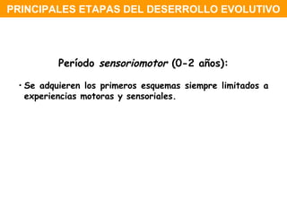 Período  sensoriomotor  (0-2 años): Se adquieren los primeros esquemas siempre limitados a  experiencias motoras y sensoriales. PRINCIPALES ETAPAS DEL DESERROLLO EVOLUTIVO 