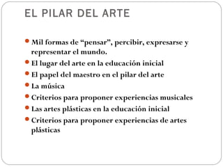 EL PILAR DEL ARTE

Mil formas de “pensar”, percibir, expresarse y
 representar el mundo.
El lugar del arte en la educación inicial
El papel del maestro en el pilar del arte
La música
Criterios para proponer experiencias musicales
Las artes plásticas en la educación inicial
Criterios para proponer experiencias de artes
 plásticas
 