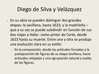 La temática fue mayoritariamente religiosa, ya que los principales clientes eran eclesiásticos, al igual que ocurría con la escultura: santos, martirios, Inmaculadas. Apenas se realizaron pinturas mitológicas –con clara influencia de Rubens– o históricas, y de los demás géneros sólo tuvieron cierta importancia el bodegón, con una tipología específicamente española, las escenas de género y el retrato.Los años centrales del siglo XVIIEn los años centrales del siglo XVII dominaron la producción pictórica cuatro grandes maestros que por sí solos justifican la denominación de Siglo de Oro aplicada a esta época artística: