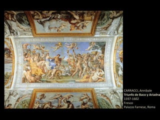 Pintado hacia 1597, en este cuadro no representó a Baco del modo habitual, sino como un personaje vulgar, afeminado y con el rostro enrojecido por la ebriedad, que en una actitud tipica del Barroco trata de implicar al espectador ofreciéndole una copa de vino. En esta obra los contrastes luminicos no son aún demasiado acusados, pero ya se aprecian dos rasgos característicos de su pintura: el dibujo preciso y bien definido, impropio del Barroco, que primaba el color sobre los elementos lineales; y la presencia de un magnífico bodegón en primer plano.CARAVAGGIOBaco1596-1597Óleo sobre lienzo, 95 x 85 cmGalleria degli Uffizi, Florencia