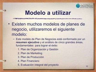 Modelo a utilizar
• Existen muchos modelos de planes de
  negocio, utilizaremos el siguiente
  modelo:
  – Este modelo de Plan de Negocios está conformado por un
    resumen ejecutivo y el análisis de cinco grandes áreas,
    fundamentales para lograr el éxito:
      1. Plan de Organización y Gestión
      2. Plan de Marketing
      3. Plan de Producción
      4. Plan Financiero
      5. Evaluación integral del proyecto                   10
 