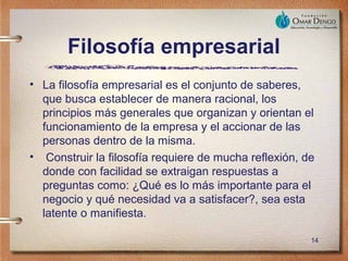 Filosofía empresarial
• La filosofía empresarial es el conjunto de saberes,
  que busca establecer de manera racional, los
  principios más generales que organizan y orientan el
  funcionamiento de la empresa y el accionar de las
  personas dentro de la misma.
• Construir la filosofía requiere de mucha reflexión, de
  donde con facilidad se extraigan respuestas a
  preguntas como: ¿Qué es lo más importante para el
  negocio y qué necesidad va a satisfacer?, sea esta
  latente o manifiesta.

                                                       14
 