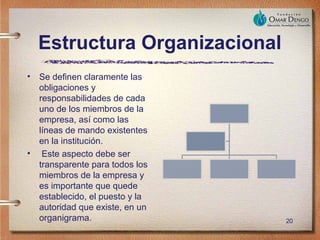 Estructura Organizacional
•   Se definen claramente las
    obligaciones y
    responsabilidades de cada
    uno de los miembros de la
    empresa, así como las
    líneas de mando existentes
    en la institución.
•    Este aspecto debe ser
    transparente para todos los
    miembros de la empresa y
    es importante que quede
    establecido, el puesto y la
    autoridad que existe, en un
    organigrama.                  20
 