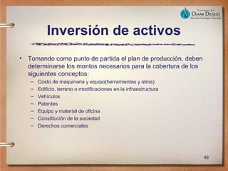 Inversión de activos
• Tomando como punto de partida el plan de producción, deben
  determinarse los montos necesarios para la cobertura de los
  siguientes conceptos:
   –   Costo de maquinaria y equipo(herramientas y otros)
   –   Edificio, terreno o modificaciones en la infraestructura
   –   Vehículos
   –   Patentes
   –   Equipo y material de oficina
   –   Constitución de la sociedad
   –   Derechos comerciales




                                                                  48
 