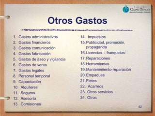 Otros Gastos
1. Gastos administrativos        14. Impuestos
2. Gastos financieros            15. Publicidad, promoción,
3. Gastos comunicación               propaganda
4. Gastos fabricación            16. Licencias – franquicias
5. Gastos de aseo y vigilancia   17. Reparaciones
6. Gastos de venta               18. Herramientas
7. Gastos legales                19. Mantenimiento-reparación
8. Personal temporal             20. Empaques
9. Capacitación                  21. Fletes
10. Alquileres                   22. Acarreos
11. Seguros                      23. Otros servicios
12. Asesoría                     24. Otros
13. Comisiones
                                                                52
 