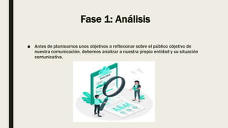 Fase 1: Análisis
■ Antes de plantearnos unos objetivos o reflexionar sobre el público objetivo de
nuestra comunicación, debemos analizar a nuestra propia entidad y su situación
comunicativa.
 
