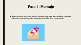 Fase 4: Mensaje
■ Es conveniente reflexionar sobre el mensaje general de la entidad y los mensajes
específicos, considerando los públicos y contenidos de la comunicación.
 