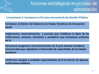 10
Fortalecer al interior del Gobierno los Nodos Temáticos de Innovación
Social
Estructurar programas interministeriales de IS para atender temáticas
transversales que capitalicen el desarrollo de capacidades de los Nodos
temáticos
Conformar equipos o unidades especializadas de IS al interior de algunas
instituciones públicas.
Implementar reconocimientos y premios que visibilicen la labor de las
instituciones, sectores, iniciativas y servidores que incorporan prácticas
de IS.
Lineamiento 2. Incorporar la IS como herramienta de Gestión Pública
Acciones estratégicas en proceso de
concertación
 