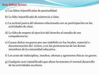 Son faltas leves:
a) Las faltas injustificadas de puntualidad.
b) La falta injustificada de asistencia a clase.
c) La actitud pasiva del alumno relacionada con su participación en las
actividades de clase.
d) La falta de respeto al ejercicio del derecho al estudio de sus
compañeros/as.
e) Causar daños no graves por uso indebido en los locales, material o
documentación del centro, o en las pertenencias de los demás
miembros de la comunidad educativa.
f) Los actos de indisciplina, insultos, ofensas y agresiones físicas no graves.
g) Cualquier acto injustificado que altere levemente el normal desarrollo
de las actividades escolares.
 