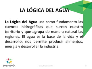 La Lógica del Agua usa como fundamento las
cuencas hidrográficas que surcan nuestro
territorio y que agrupa de manera natural las
regiones. El agua es la base de la vida y el
desarrollo; nos permite producir alimentos,
energía y desarrollar la industria.
LA LÓGICA DEL AGUA
www.plandenacion.hn 12
 