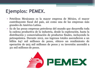 • Petróleos Mexicanos es la mayor empresa de México, el mayor
contribuyente fiscal del país, así como una de las empresas más
grandes de América Latina.
• Es de las pocas empresas petroleras del mundo que desarrolla toda
la cadena productiva de la industria, desde la exploración, hasta la
distribución y comercialización de productos finales, incluyendo la
petroquímica. Durante 2012, sus ingresos totales ascendieron a un
billón 647 mil millones de pesos, obtuvo un rendimiento de
operación de 905 mil millones de pesos y su inversión ascendió a
311 mil millones de pesos.
Ejemplos: PEMEX.
 