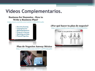 Videos Complementarios.
Business for Dummies - How to
Write a Business Plan?
https://www.youtube.com/watch?v=rSCC8WCuaRs
¿Por qué hacer tu plan de negocio?
http://www.youtube.com/watch?v=Nwt5PAXrJGw
Plan de Negocios Amway México
http://www.youtube.com/watch?v=gO8bmKyqePo
 