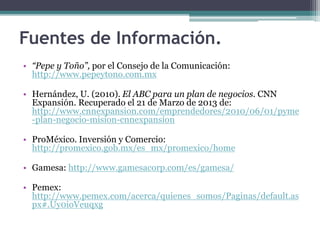 • “Pepe y Toño”, por el Consejo de la Comunicación:
http://www.pepeytono.com.mx
• Hernández, U. (2010). El ABC para un plan de negocios. CNN
Expansión. Recuperado el 21 de Marzo de 2013 de:
http://www.cnnexpansion.com/emprendedores/2010/06/01/pyme
-plan-negocio-mision-cnnexpansion
• ProMéxico. Inversión y Comercio:
http://promexico.gob.mx/es_mx/promexico/home
• Gamesa: http://www.gamesacorp.com/es/gamesa/
• Pemex:
http://www.pemex.com/acerca/quienes_somos/Paginas/default.as
px#.Uy0ioVeuqxg
Fuentes de Información.
 