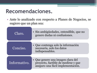 • Ante lo analizado con respecto a Planes de Negocios, se
sugiere que un plan sea:
Recomendaciones.
• Sin ambigüedades, entendible, que no
genere dudas ni confusiones.
Claro.
• Que contenga solo la información
necesaria, solo los datos
indispensables.
Conciso.
• Que genere una imagen clara del
proyecto, factible de medirse y que
aseguro una fácil implementación.
Informativo.
 
