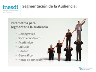 Segmentación de la Audiencia:


Parámetros para
segmentar a la audiencia
   •   Demográfico
   •   Socio económico
   •   Académico
   •   Cultural
   •   Género
   •   Geográfico
   •   Horas de conexión
 