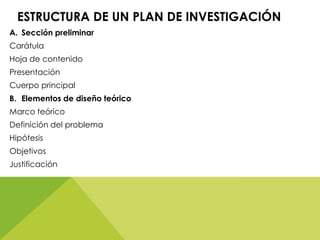 ESTRUCTURA DE UN PLAN DE INVESTIGACIÓN
A. Sección preliminar
Carátula
Hoja de contenido
Presentación
Cuerpo principal
B. Elementos de diseño teórico
Marco teórico
Definición del problema
Hipótesis
Objetivos
Justificación
 