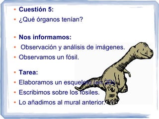 ●   Cuestión 5:
●   ¿Qué órganos tenían?

●   Nos informamos:
●   Observación y análisis de imágenes.
●   Observamos un fósil.

●   Tarea:
●   Elaboramos un esqueleto (en 2D)
●   Escribimos sobre los fósiles.
●   Lo añadimos al mural anterior.
 
