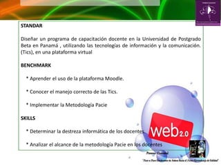 STANDAR

Diseñar un programa de capacitación docente en la Universidad de Postgrado
Beta en Panamá , utilizando las tecnologías de información y la comunicación.
(Tics), en una plataforma virtual

BENCHMARK

  * Aprender el uso de la plataforma Moodle.

  * Conocer el manejo correcto de las Tics.

  * Implementar la Metodología Pacie

SKILLS

  * Determinar la destreza informática de los docentes.

  * Analizar el alcance de la metodología Pacie en los docentes
 