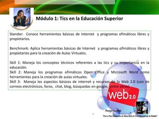 Módulo 1: Tics en la Educación Superior

Standar: Conoce herramientas básicas de Internet y programas ofimáticos libres y
propietarios.

Benchmark: Aplica herramientas básicas de Internet y programas ofimáticos libres y
propietarios para la creación de Aulas Virtuales.

Skill 1: Maneja los conceptos técnicos referentes a las tics y su importancia en la
educación.
Skill 2: Maneja los programas ofimáticos Open Office y Microsoft Word como
herramientas para la creación de aulas virtuales.
Skill 3: Maneja los aspectos básicos de internet y recursos de la Web 2.0 (uso de
correos electrónicos, foros, chat, blog, búsquedas en google, entre otros).
 