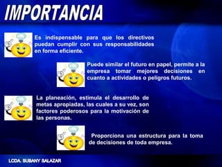 Es indispensable para que los directivos
puedan cumplir con sus responsabilidades
en forma eficiente.

                  Puede similar el futuro en papel, permite a la
                  empresa tomar mejores decisiones en
                  cuanto a actividades o peligros futuros.


La planeación, estimula el desarrollo de
metas apropiadas, las cuales a su vez, son
factores poderosos para la motivación de
las personas.


                    Proporciona una estructura para la toma
                   de decisiones de toda empresa.
 