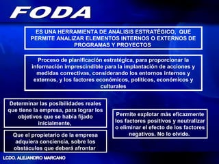 ES UNA HERRAMIENTA DE ANÁLISIS ESTRATÉGICO, QUE
        PERMITE ANALIZAR ELEMENTOS INTERNOS O EXTERNOS DE
                     PROGRAMAS Y PROYECTOS

            Proceso de planificación estratégica, para proporcionar la
         información imprescindible para la implantación de acciones y
           medidas correctivas, considerando los entornos internos y
          externos, y los factores económicos, políticos, económicos y
                                    culturales


 Determinar las posibilidades reales
que tiene la empresa, para lograr los
    objetivos que se había fijado        Permite explotar más eficazmente
            inicialmente,               los factores positivos y neutralizar
                                        o eliminar el efecto de los factores
 Que el propietario de la empresa             negativos. No lo olvide.
  adquiera conciencia, sobre los
 obstáculos que deberá afrontar
 