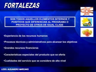 SON TODOS AQUELLOS ELEMENTOS INTERNOS Y
      POSITIVOS QUE DIFERENCIAN AL PROGRAMA O
         PROYECTO DE OTROS DE IGUAL CLASE



•Experiencia de los recursos humanos

•Procesos técnicos y administrativos para alcanzar los objetivos

•Grandes recursos financieros

•Características especiales del producto que se oferta

•Cualidades del servicio que se considera de alto nivel
 