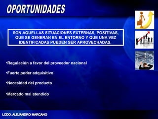 SON AQUELLAS SITUACIONES EXTERNAS, POSITIVAS,
    QUE SE GENERAN EN EL ENTORNO Y QUE UNA VEZ
     IDENTIFICADAS PUEDEN SER APROVECHADAS.




•Regulación a favor del proveedor nacional

•Fuerte poder adquisitivo

•Necesidad del producto

•Mercado mal atendido
 