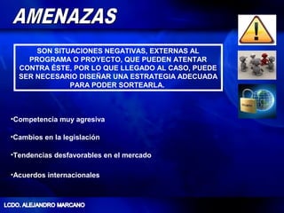 SON SITUACIONES NEGATIVAS, EXTERNAS AL
    PROGRAMA O PROYECTO, QUE PUEDEN ATENTAR
  CONTRA ÉSTE, POR LO QUE LLEGADO AL CASO, PUEDE
  SER NECESARIO DISEÑAR UNA ESTRATEGIA ADECUADA
              PARA PODER SORTEARLA.



•Competencia muy agresiva

•Cambios en la legislación

•Tendencias desfavorables en el mercado

•Acuerdos internacionales
 