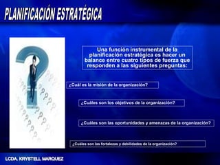 Una función instrumental de la
          planificación estratégica es hacer un
        balance entre cuatro tipos de fuerza que
         responden a las siguientes preguntas:


¿Cuál es la misión de la organización?



     ¿Cuáles son los objetivos de la organización?



     ¿Cuáles son las oportunidades y amenazas de la organización?



 ¿Cuáles son las fortalezas y debilidades de la organización?
 