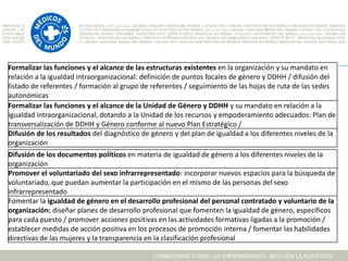Formalizar las funciones y el alcance de las estructuras existentes en la organización y su mandato en
relación a la igualdad intraorganizacional: definición de puntos focales de género y DDHH / difusión del
listado de referentes / formación al grupo de referentes / seguimiento de las hojas de ruta de las sedes
autonómicas
Formalizar las funciones y el alcance de la Unidad de Género y DDHH y su mandato en relación a la
igualdad intraorganizacional, dotando a la Unidad de los recursos y empoderamiento adecuados: Plan de
transversalización de DDHH y Género conforme al nuevo Plan Estratégico /
Difusión de los resultados del diagnóstico de género y del plan de igualdad a los diferentes niveles de la
organización
Difusión de los documentos políticos en materia de igualdad de género a los diferentes niveles de la
organización
Promover el voluntariado del sexo infrarrepresentado: incorporar nuevos espacios para la búsqueda de
voluntariado, que puedan aumentar la participación en el mismo de las personas del sexo
infrarrepresentado
Fomentar la igualdad de género en el desarrollo profesional del personal contratado y voluntario de la
organización: diseñar planes de desarrollo profesional que fomenten la igualdad de género, específicos
para cada puesto / promover acciones positivas en las actividades formativas ligadas a la promoción /
establecer medidas de acción positiva en los procesos de promoción interna / fomentar las habilidades
directivas de las mujeres y la transparencia en la clasificación profesional

                                              COMBATIMOS TODAS LAS ENFERMEDADES, INCLUIDA LA INJUSTICIA
 