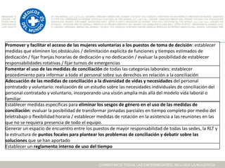 Promover y facilitar el acceso de las mujeres voluntarias a los puestos de toma de decisión: establecer
medidas que eliminen los obstáculos / delimitación explícita de funciones y tiempos estimados de
dedicación / fijar franjas horarias de dedicación y no dedicación / evaluar la posibilidad de establecer
responsabilidades rotativas / fijar turnos de emergencias
Fomentar el uso de las medidas de conciliación de todas las categorías laborales: establecer
procedimiento para informar a todo el personal sobre sus derechos en relación a la conciliación
Adecuación de las medidas de conciliación a la diversidad de vidas y necesidades del personal
contratado y voluntario: realización de un estudio sobre las necesidades individuales de conciliación del
personal contratado y voluntario, incorporando una visión amplia más allá del modelo vida laboral o
familiar
Establecer medidas específicas para eliminar los sesgos de género en el uso de las medidas de
conciliación: evaluar la posibilidad de transformar jornadas parciales en tiempo completo por medio del
teletrabajo o flexibilidad horaria / establecer medidas de rotación en la asistencia a las reuniones en las
que no se requiera presencia de todo el equipo.
Generar un espacio de encuentro entre los puestos de mayor responsabilidad de todas las sedes, la RLT y
la estructura de puntos focales para plantear los problemas de conciliación y debatir sobre las
soluciones que se han aportado
Establecer un reglamento interno de uso del tiempo


                                               COMBATIMOS TODAS LAS ENFERMEDADES, INCLUIDA LA INJUSTICIA
 