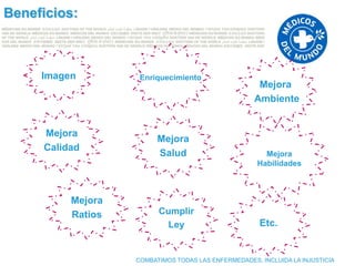 Beneficios:



     Imagen         Enriquecimiento
                                                     Mejora
                                                    Ambiente


     Mejora
                         Mejora
     Calidad
                         Salud                         Mejora
                                                     Habilidades



          Mejora
          Ratios         Cumplir
                           Ley                        Etc.


                   COMBATIMOS TODAS LAS ENFERMEDADES, INCLUIDA LA INJUSTICIA
 