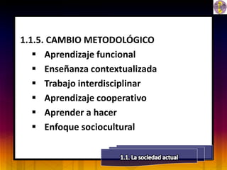 1.1.5. CAMBIO METODOLÓGICO
    Aprendizaje funcional
    Enseñanza contextualizada
    Trabajo interdisciplinar
    Aprendizaje cooperativo
    Aprender a hacer
    Enfoque sociocultural
 