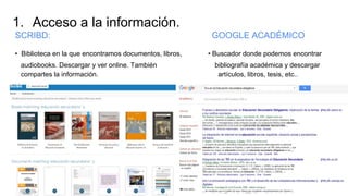 1. Acceso a la información.
SCRIBD: GOOGLE ACADÉMICO
• Biblioteca en la que encontramos documentos, libros, • Buscador donde podemos encontrar
audiobooks. Descargar y ver online. También bibliografía académica y descargar
compartes la información. artículos, libros, tesis, etc..
 