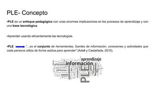 PLE- Concepto
•PLE es un enfoque pedagógico con unas enormes implicaciones en los procesos de aprendizaje y con
una base tecnológica.
•Aprender usando eficientemente las tecnologías.
•PLE “…es el conjunto de herramientas, fuentes de información, conexiones y actividades que
cada persona utiliza de forma asidua para aprender” (Adell y Castañeda, 2010).
 